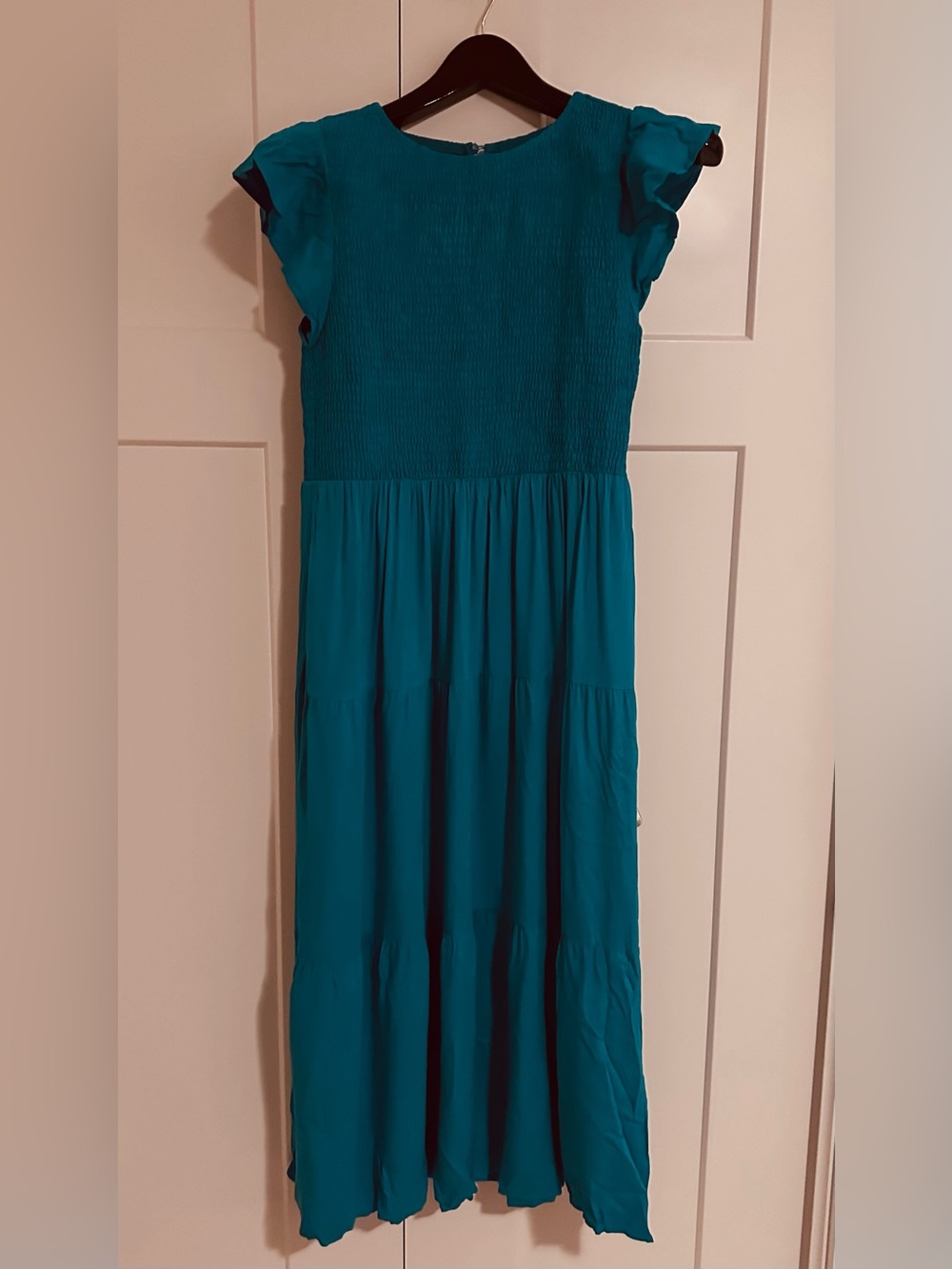 Zesica Smocked Teal Maxi Dress with Flutter Sleeves
